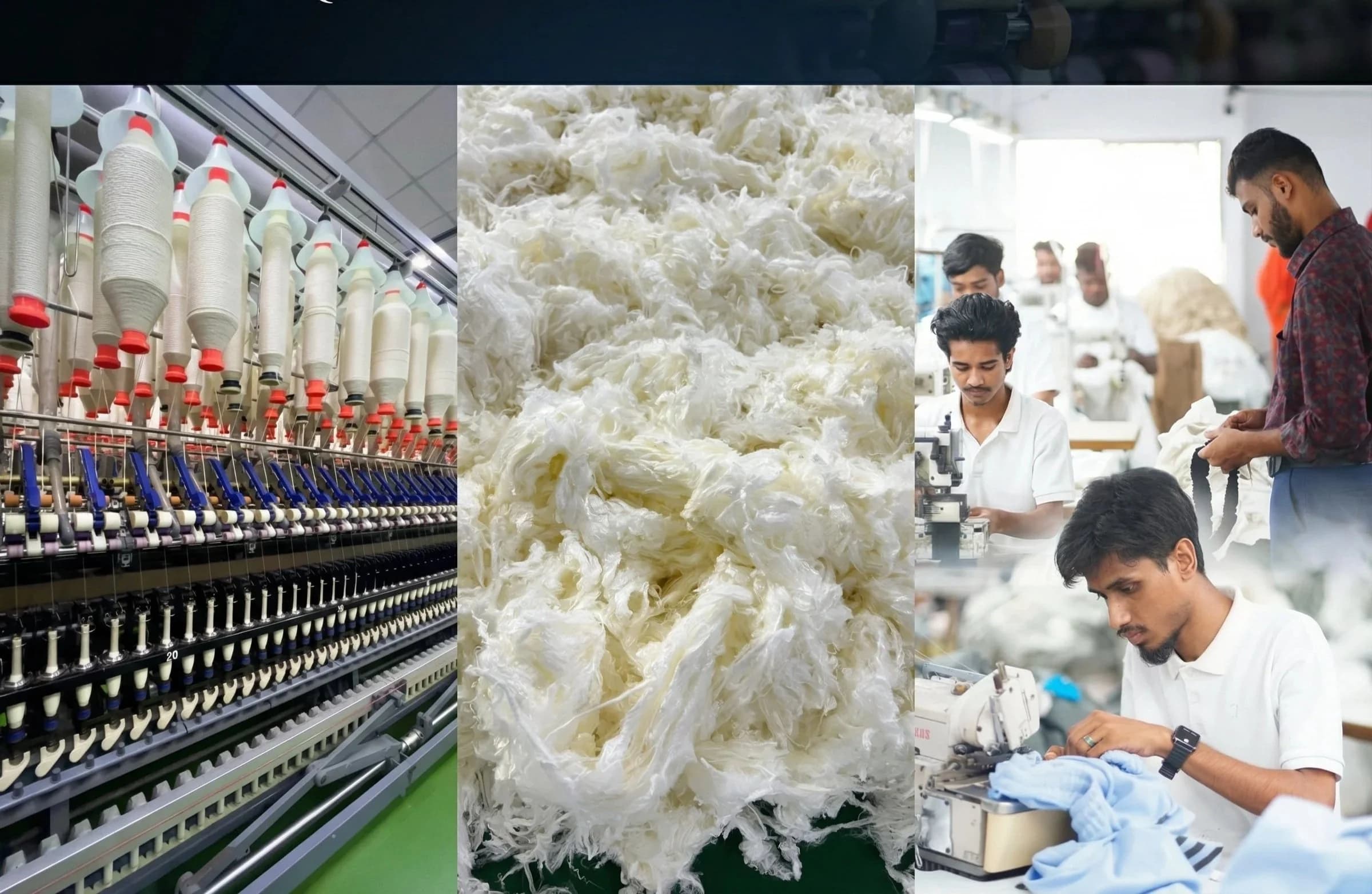 Inside the factory: yarn spinning, raw cotton, and the sewing floor.
